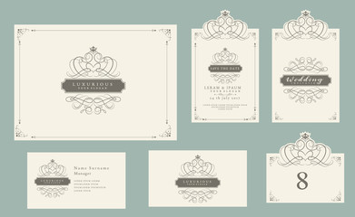 vintage ornament set, certificate frame, business card, wedding invitation, save the date, table number, greeting card, and luxury logo with isolate on retro background. vector illustration