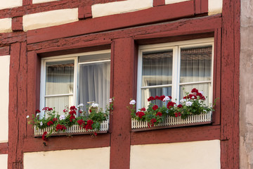 Half-timbered house with window shutters and flowers