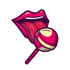 Naklejka premium Sexy red female lips and tongue with shiny lollipop isolated on white background. Woman licking round sugar candy on stick. Vector illustration in cartoon comic style for t shirt design