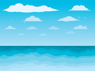 Fototapeta na wymiar Graphic sea and clouds, bird in the sky, sky, sea, scene, beautiful, background, water, nature, pattern, Blue waves sea ocean abstract pattern background colorful vector illustration