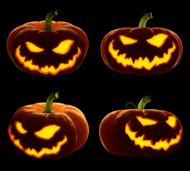 Scary Happy halloween set pumpkin. Evil, glowing smile carved on a pumpkin on a dark isolated background. in anticipation of the holiday of Halloween 2018. 3d render