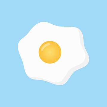 Fried egg vector illustration graphic, sunny side up egg icon isolated on light blue background.