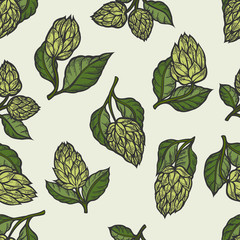 Hop vector seamless pattern. Hand drawn artistic beer green hops with leaves on white background. Vintage wallpaper - 169703559