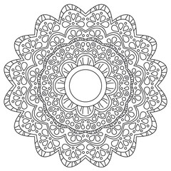 Vector black and white flower mandala composed with flowers, circles and plant leaves, black lines on white paper background, empty center