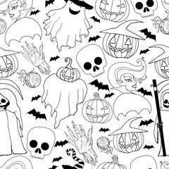 Black and white seamless Halloween pattern.Vampire girl, ghost,p