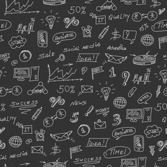Seamless pattern on the theme of business on a dark background drawn with white marker