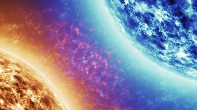 Blue star Vs Red star. Red Sun surface with solar flares against Blue sun isolated on black. Highly realistic sun surface with space for your text or logo 4k.
