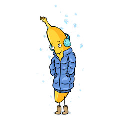 Vector Cartoon Character - Banana in Down Jacket and Fur Headphones Under the Snowfall