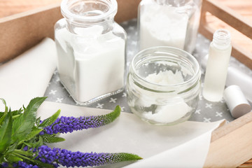Tray with ingredients for deodorant, closeup