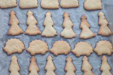 homemade Cookies in the shape of rabbit, Christmas tree, hedgehog on a pan just from the oven on parchment. Autumn and winter concept