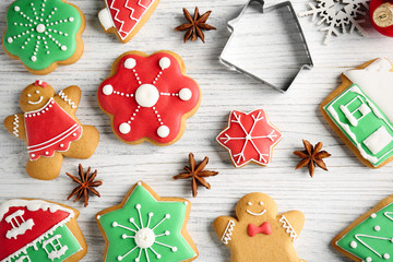 Tasty Christmas homemade cookies on wooden background