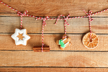 Tasty Christmas homemade cookies on wooden background