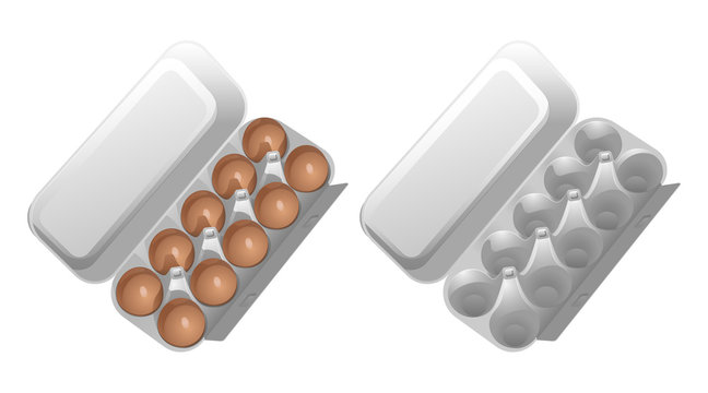 Два картонных контейнера для яиц, один пустой, второй с коричневыми куриными яйцами. Векторный рисунок на белом фоне.