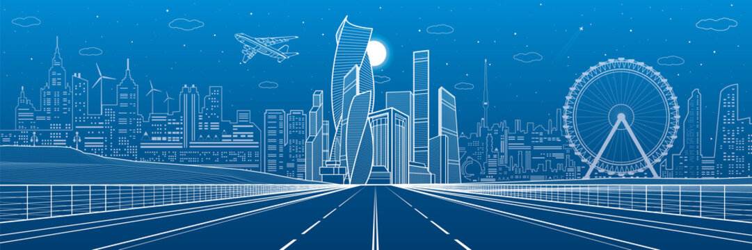 Wide highway. Urban infrastructure illustration panorama, futuristic city on background, modern architecture. Airplane fly. White lines on blue background, night scene, vector design art