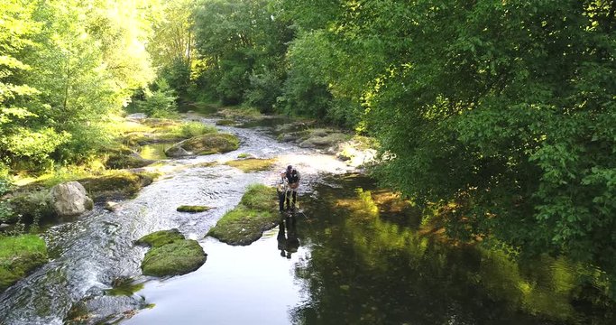 Aerial view of man with kid fly-fishing in river
