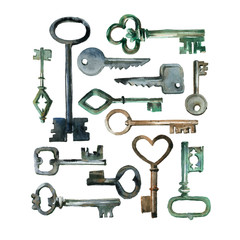 Obraz premium Old keys set. Hand painted watercolor illustration on white background
