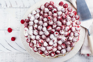 Homemade raspberry cake. Delicious summer dessert. Copy space