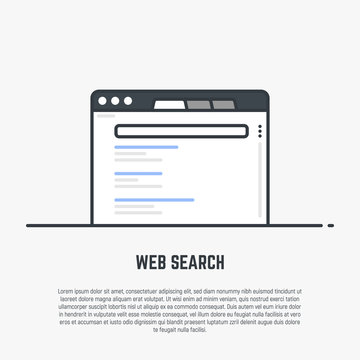 Webpage Search Engine Concept. Web Searching And Page Results Or Quarry. Flat Style Line Modern Vector Illustration With Retro Colors.