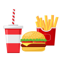 Cup of soda with french fries and cheeseburger, colorful vector illustration