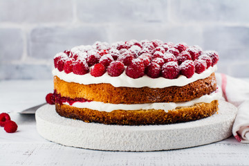 Homemade raspberry cake. Delicious summer dessert. Copy space