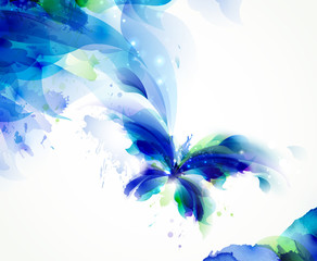 Abstract flying butterfly with blue and cyan blots