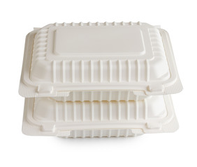 two plastic food containers for take away, isolated on white background