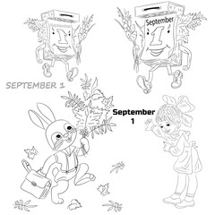 Collection of a silhouette on September 1, a cartoon on a white background.