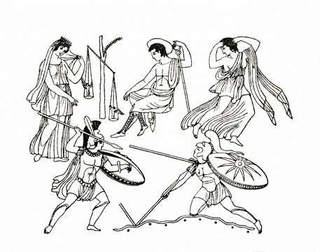 Achilles and Memnon fighting, between Thetis and Eos. Hermes sitting
