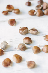 Fresh raw chestnuts on white wooden surface.