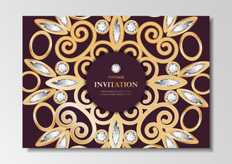 invitation card vintage design with diamond mandala pattern on purple background vector