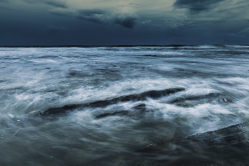 Stormy Sea Waves  Crashing on Shore Rocks, Moody Dark Seascape