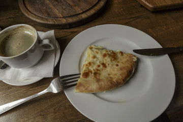 Restaurant Shot. Hot tortilla with cheese, Khachapuri, Caucasian kitchen.