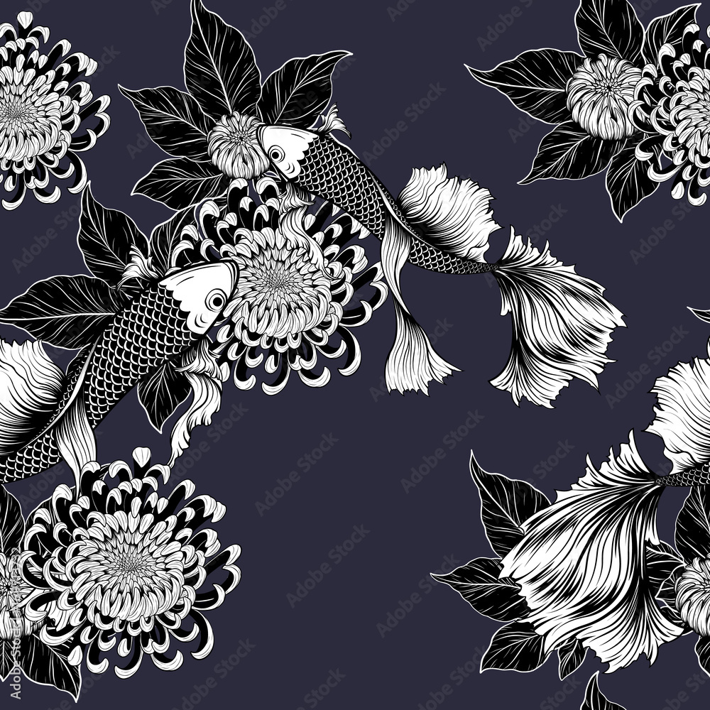 Wall mural koi fish and chrysanthemum pattern by hand drawing.tattoo art highly detailed in line art style.fish