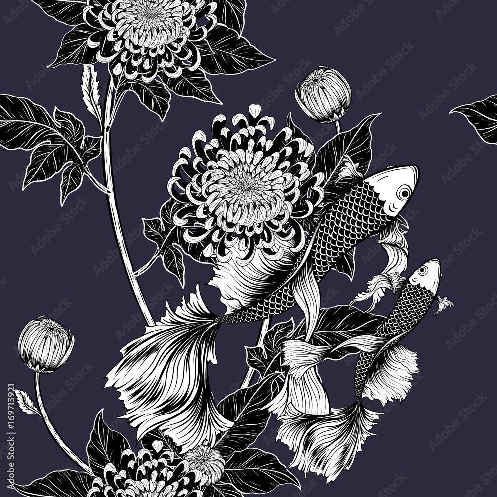 Wall mural Koi fish and chrysanthemum pattern by hand drawing.Tattoo art highly detailed in line art style.Fish and flower seamless pattern.