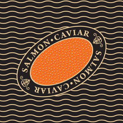 Vector label for salmon red caviar in oval frame on the waves background. Design element for fish-menu, banners, wrapping paper.