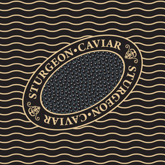 Vector label for sturgeon black caviar in oval frame on the waves background. Design element for fish-menu, banners, wrapping paper. - obrazy, fototapety, plakaty