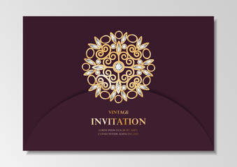 invitation card vintage design with diamond mandala pattern on purple background vector