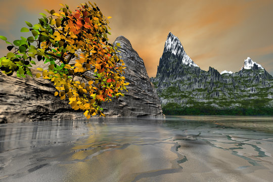 Canyon, frozen waters, a natural landscape, rocks and mountains, a beautiful tree with green red and yellow leaves.