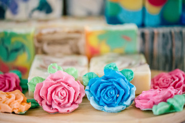 Handmade Soap with bath and spa accessories. Dried lavender and rose petals. Carve and draw a pattern on the soap.