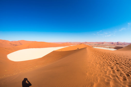 The scenic Sossusvlei and Deadvlei, clay and salt pan surrounded by majestic sand dunes. Namib Naukluft National Park, main visitor attraction and travel destination in Namibia.