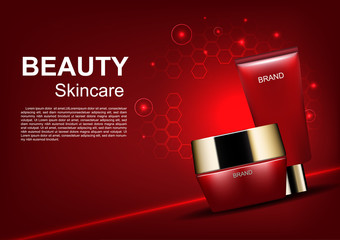 Beauty cosmetic ads, red cream and serum with hexagons on red background