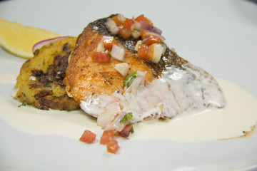 Salmon steak with mashed potatoes