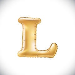 Balloon letter L. Realistic 3D isolated gold helium balloon abc alphabet golden font text. Decoration element for birthday or wedding greeting design on white background
