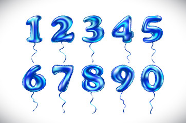 vector blue number 1, 2, 3, 4, 5, 6, 7, 8, 9, 0 metallic balloon. Party decoration golden balloons. Anniversary sign for happy holiday, celebration, birthday, carnival, new year.