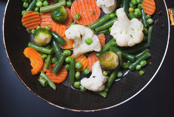 roasted vegetables in a frying pan, a vegetable stew on top,