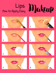 Lips makeup how to apply easy. Information banner for catalog or advertising