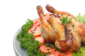 grilled chicken on plate decoration with vegetable