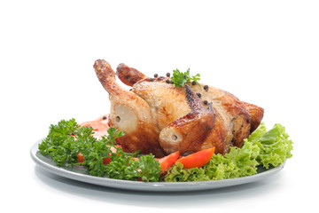 grilled chicken on plate decoration with vegetable