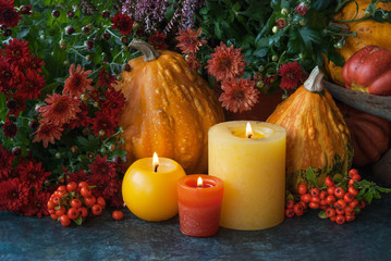 Thanksgiven decor with pumpkin and candle