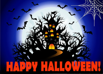 Halloween. The castle is on a hill in the midst of an ominous forest, full moon, night landscape. Flock of bats, cobwebs